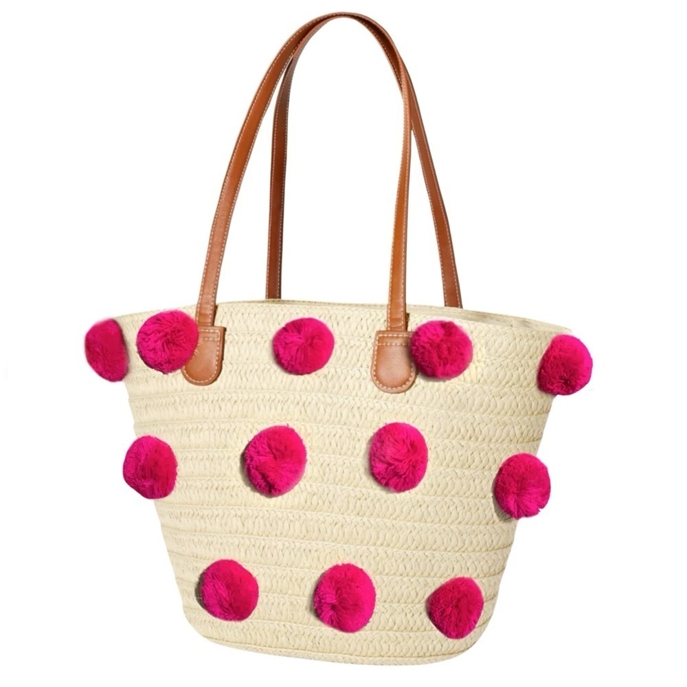 SHIRALEAH • Klo Pom Pom Straw Tote Beach Bohemian Shopper Bag
